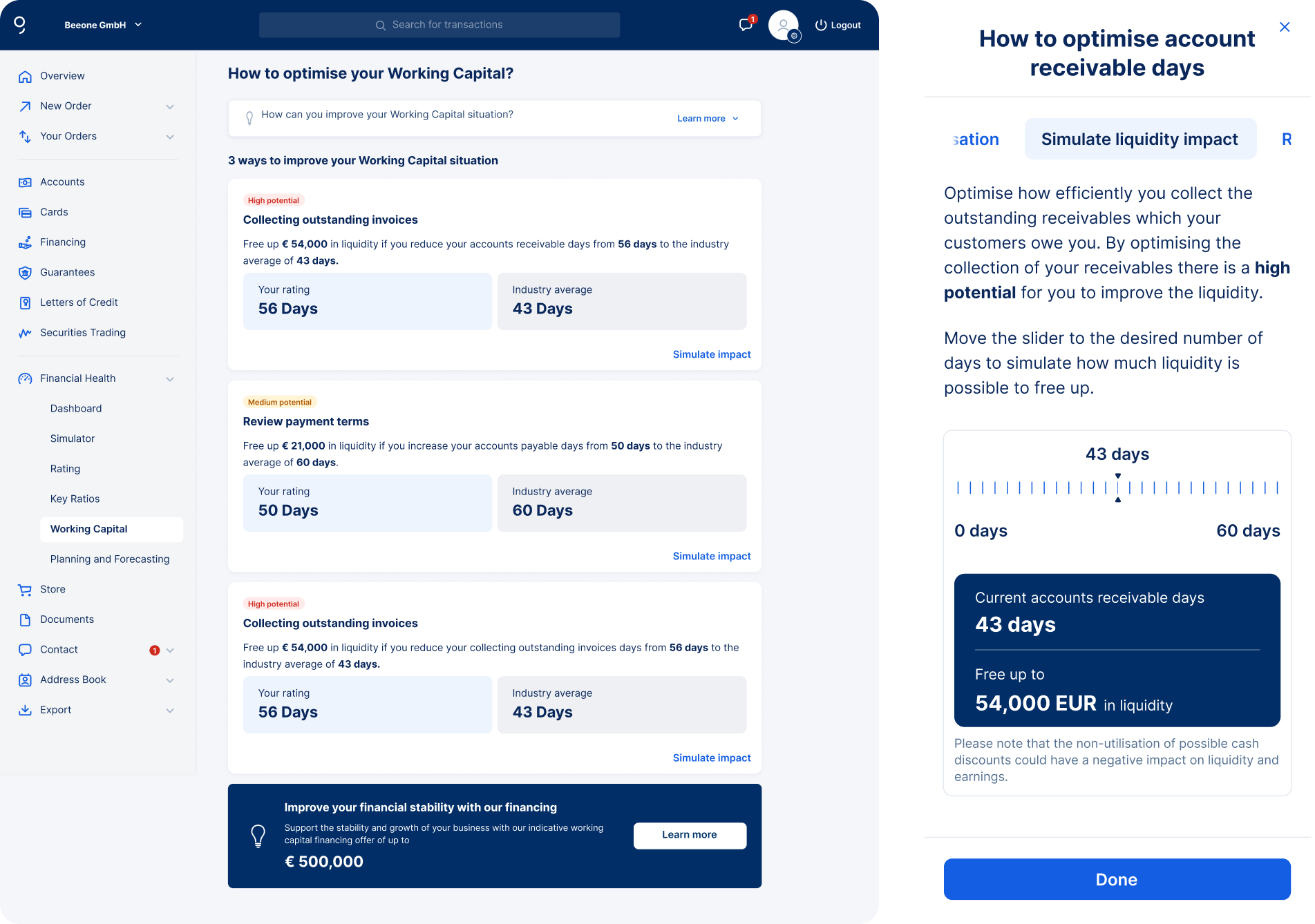 Working Capital Simulator, product mockup