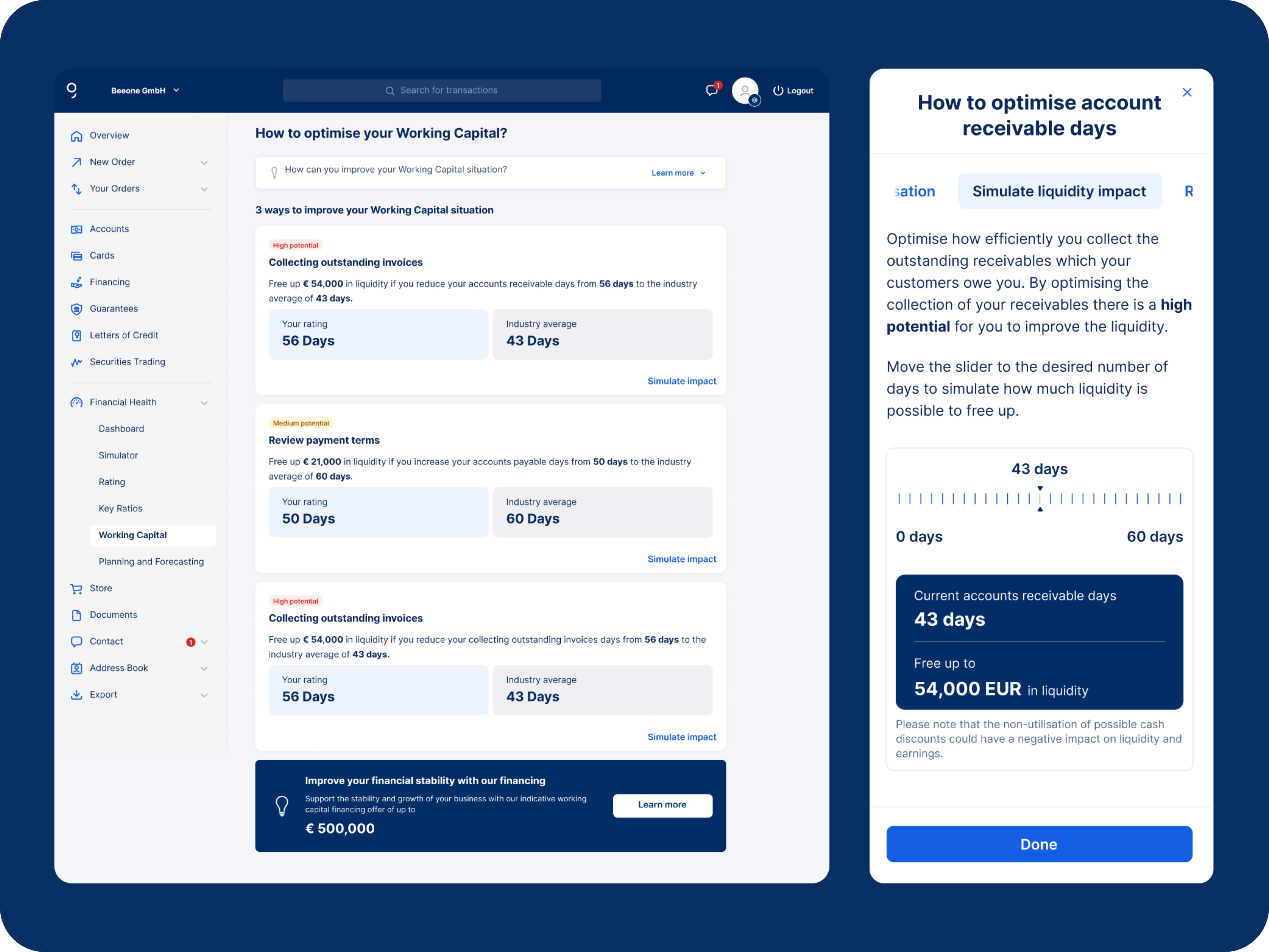 Working Capital Simulator, ratio optimization and what-if scenarios