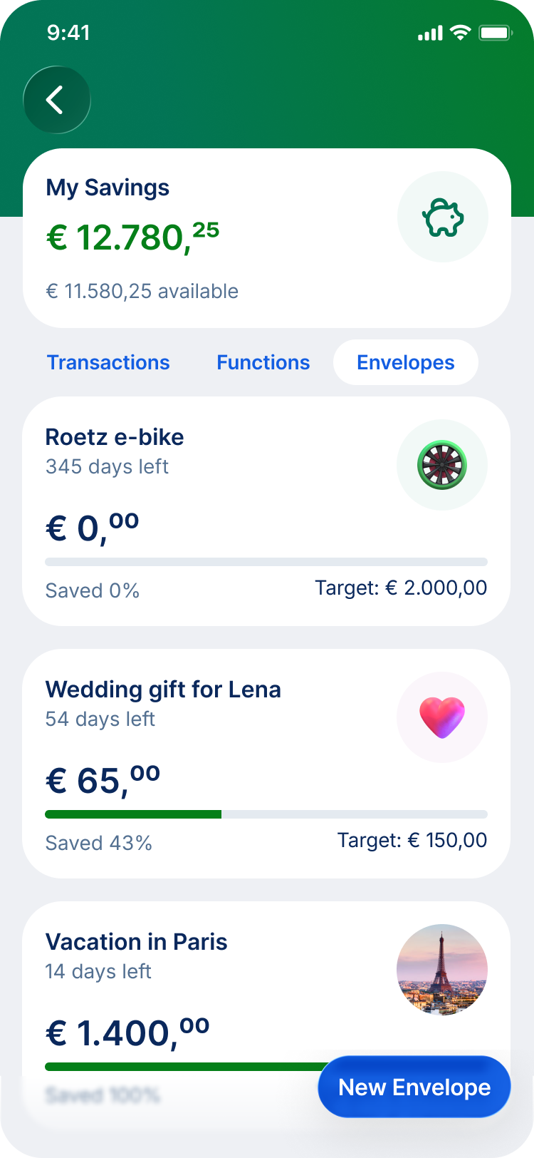 Saving Goals — envelope list in Giro account