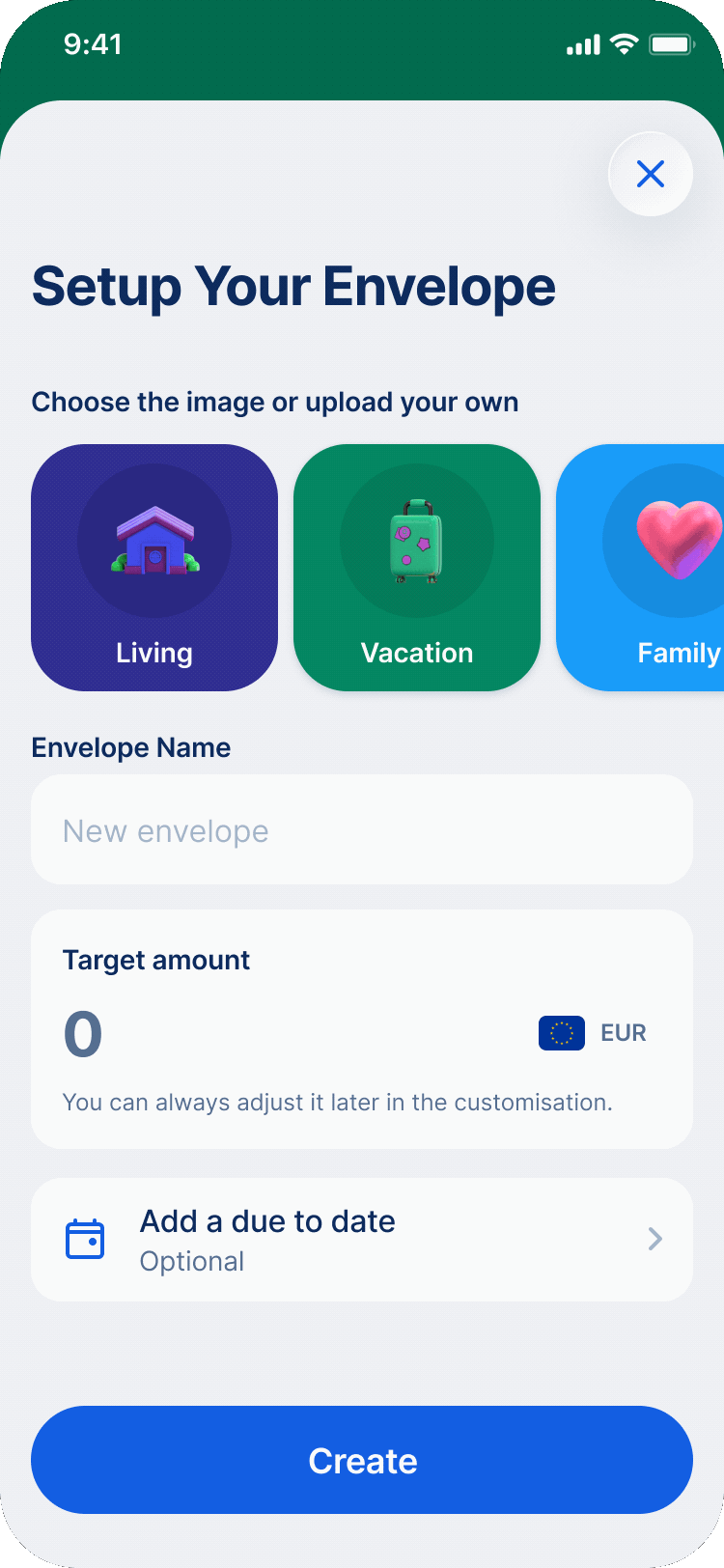 Saving Goals — envelope setup flow